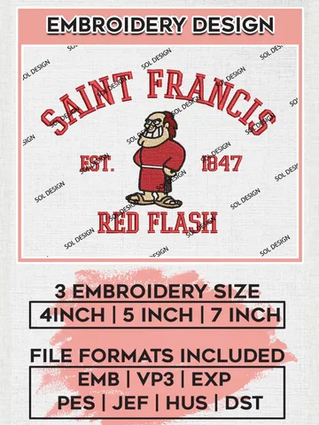 St. Francis Red Flash Est 1847 Embroidery Designs, NCAA St. Francis Red Flash Team Embroidery, NCAA Team Logo, 3 sizes, Machine embroidery Files, Digital Download $6.99