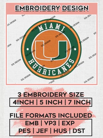 NCAA Miami Hurricanes Round Logo Embroidery, NCAA Miami Hurricanes Embroidery Design files, NCAA Teams, NCAA Machine embroidery designs, Digital Download