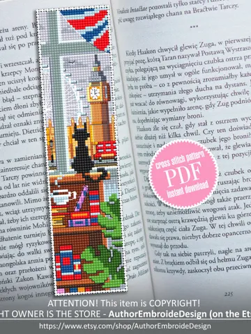 Bookmark cross stitch pattern download PDF Modern handmade bookmark digital Cute Black cat cross stitch England London Home sweet home #B62 $4.40