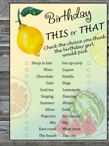 Lemon Birthday This or that game,Adult Birthday party game-fun games for her-Instant download $1.75