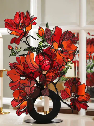 Large bouquet of red peonies on a round base. Tiffany Stained Glass Art, Grand Red Peony Bouquet on Round Base, Luxurious Red Peony Arrangement on a Round Stand, Tiffany Glasswork, Elegant Red Peony Bouquet on Circular Base,Tiffany Stained Glass Technique $754.00