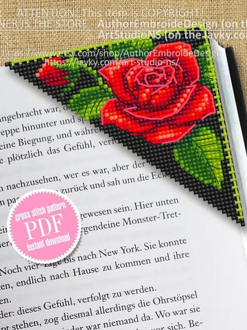 Corner bookmark red rose cross stitch pattern PDF download Red flowers cross stitch chart, Floral bookmark corner digital PDF #B216 $4.10