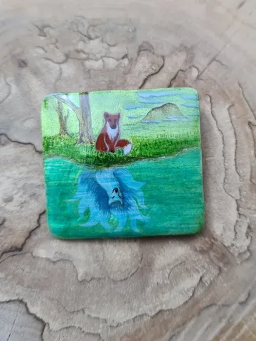 Kitsune brooch, real oil painting miniature on mother of pearl. Kitsune fox pin $40.00