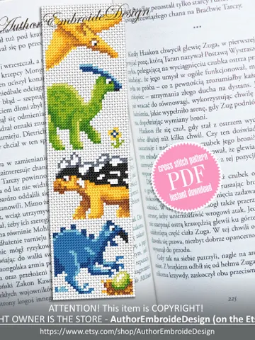 Dinosaur bookmark cross stitch pattern PDF download Baby dinosaur cross stitch chart, Bookmark pattern digital PDF, Dinosaur gifts #B279 $4.40