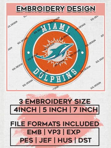 Miami Dolphins Circle Logo Embroidery Designs, NFL Dolphins, NFL Logo Embroidery Files, NFL Miami Dolphins Machine Embroidery Design, Digital Download