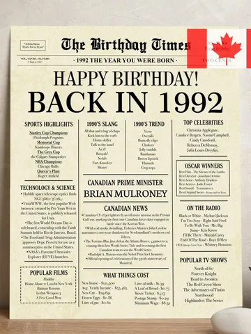 Back in 1992 CANADA | 33rd Birthday Newspaper Sign Canadian | 1992 Birthday Poster | 33rd Birthday Gift | 33 years ago back in 1992 $7.00