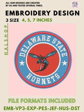 NCAA Delaware State Hornets Logo Embroidery Design Files, College Team Machine Embroidery, 3 Sizes, Digital Download $6.99