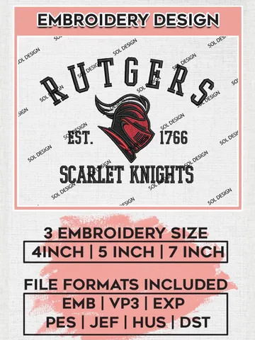 Rutgers Scarlet Knights Est 1766 Logo Embroidery Designs, NCAA Rutgers Scarlet Knights Team Embroidery, NCAA Team Logo, 3 sizes, Machine embroidery Files, Digital Download $6.99