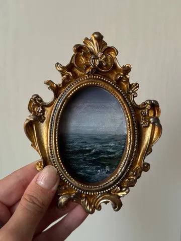 Small Landscape Painting Framed Original Storm Waves Antique Ocean Art Coastal Antique Frame Tiny Paintings 3 x 4 Art Victorian artwork $80.00