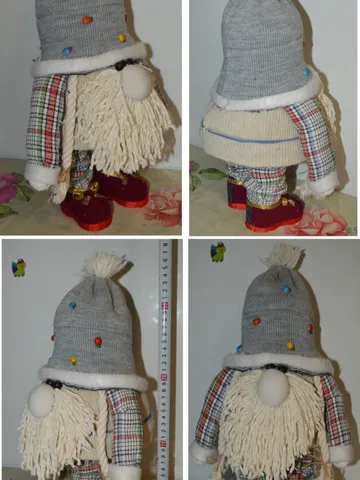 Christmas gnome gray hat checkered shirt, gray hat with a ladybug.  Decorative Figurine XMAS Santa. dwarf