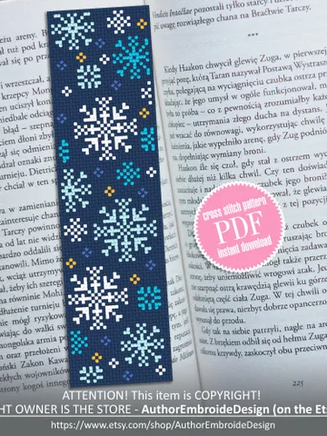 Winter bookmark cross stitch pattern PDF download Snowflakes cross stitch chart, Holiday handmade bookmark digital PDF, Christmas gift #B202 $4.40