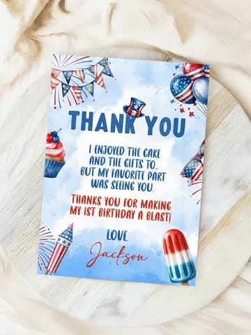 4th Of July Thank You Card Template, Little Firecracker Birthday Photo Thank You Card, Red White Blue Patriotic Independence Birthday FC001 $5.00