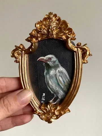 Framed Albino Raven Painting Small Original Witch’s Friend Artwork Crow Art Tiny Oil Painting Bird $78.00