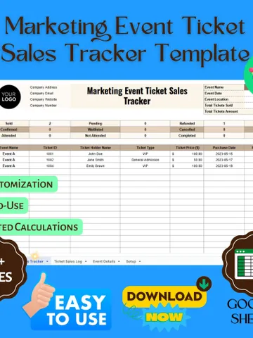 Marketing Event Ticket Sales Tracker Template, Editable Google Sheets, Sales Performance Monitoring Tool $8.26