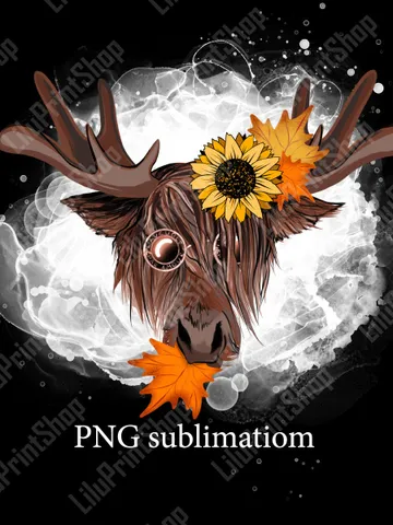 Autumn Funny Deer head png on bleach background sublimation design Fall png clipart Moose with sunflower & leafs Hand drawn reindeer clipart $4.06