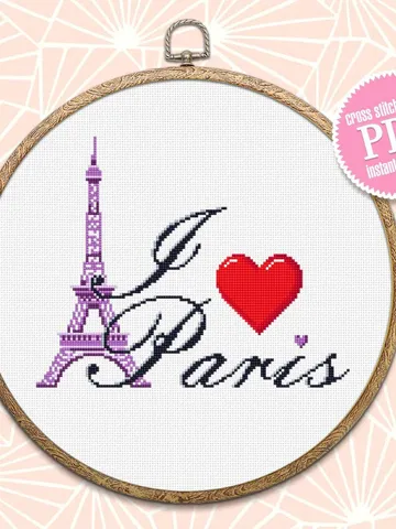 I love Paris cross stitch pattern download PDF Eiffel tower cross stitch chart, Easy beginner embroidery PDF, Paris decor, Heart Paris #E16 $3.20