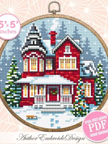 Christmas red house cross stitch pattern PDF download Winter landscape cross stitch chart, Merry Christmas pattern digital PDF #N174 $3.95
