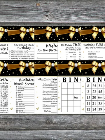 Golden bow Birthday Party Games bundle,Adult birthday games package,Printable Birthday Games,INSTANT DOWNLOAD $5.95