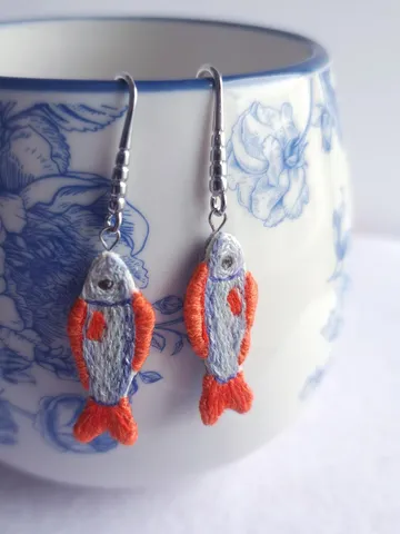 Fish Earrings Embroidery Whimsical Handcrafted Unique Boho Jewelry Gift for Her Quirky Jewelry Accessory Boho Design Symbolic Handmade