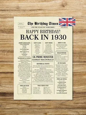 Back in 1930 United Kingdom | 95th Birthday Newspaper Sign | 1930 Birthday Poster UK |95th Birthday Gift | 95 years ago back in 1930 $6.50