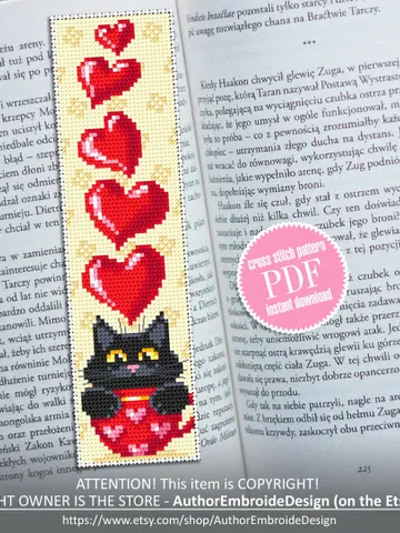Cat Bookmark cross stitch pattern download PDF Handmade bookmark, Cute Black cat embroidery, Valentine bookmark Cat cup, Love hearts #B111 $4.40