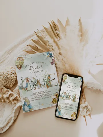 DIY Classic Peter Rabbit First Birthday Invitation; Peter Rabbit neutral birthday any age editable template; tale of peter rabbit pr5 $12.78