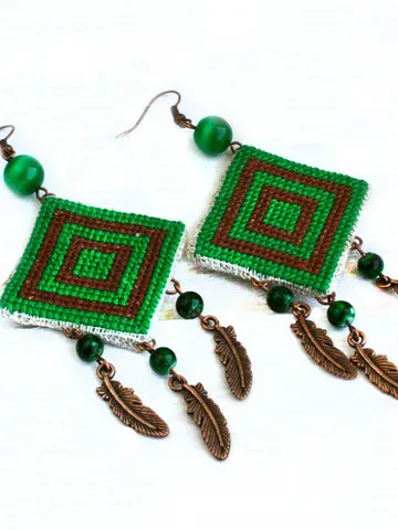 Earthy boho green brown earrings with feathers Square striped earrings Nature inspired bohemian jewelry $41.46