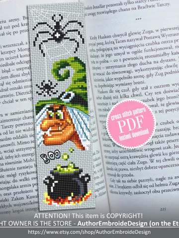 Halloween bookmark cross stitch pattern PDF download Witch cross stitch chart, Handmade bookmark pattern digital, Magic witch potion #B220 $4.40