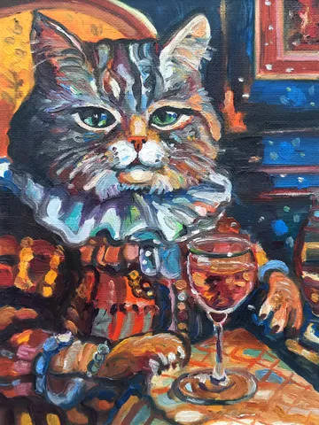 Funny Cat grey with a glass Oil Painting Impasto Artwork Oil on canvas 8*6 inc $68.00