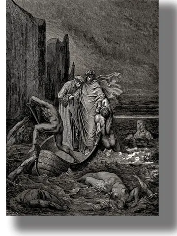 Crossing the Styx. Charon transports Dante and Virgil to the world of the dead on his boat. $22.00