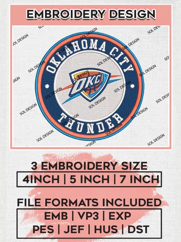 Oklahoma City Thunder NBA Basketball Team Logo Embroidery Design, NBA Oklahoma City Thunder Logo Embroidery Files, Basketball Team Machine Embroidery, Machine Embroidery Design