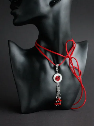 Black red double wrap suede choker with coral tassel Thin red lady bug necklace insect Beaded Ukrainian folk jewelry