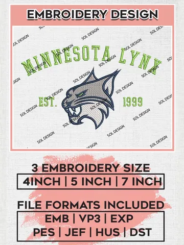 WNBA Minnesota Lynx Est 1999 Embroidery Files, WNBA Minnesota Lynx Team Embroidery Designs, WNBA Basketball Teams, 3 sizes, Machine embroidery designs, Digital Download $6.99