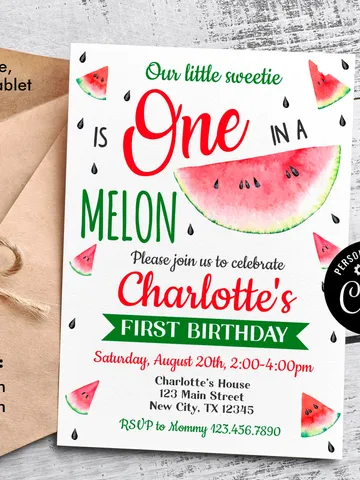 One in a melon invitation, Watermelon Birthday Invitation, 1st Birthday invitation Instand Download, Editable Template $7.00