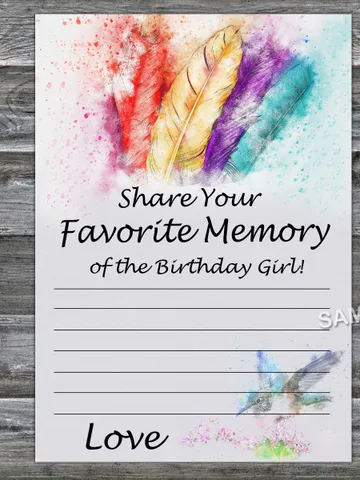 Tribal Feather Favorite Memory of the Birthday Girl,Adult Birthday party game-fun games for her-Instant download