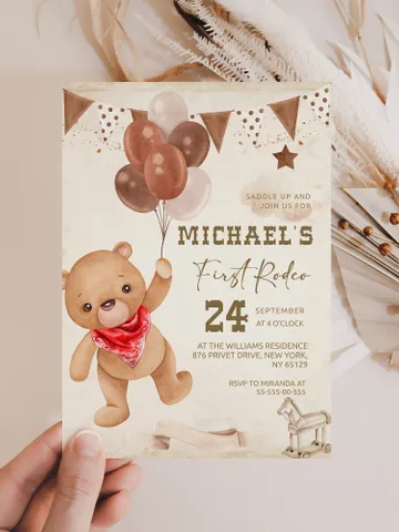 First Rodeo Wild West Birthday Invitation template; West Bearly Cowboy First Rodeo Bday Western Invite ; Our Little Cowboy is One; fr12 $12.78