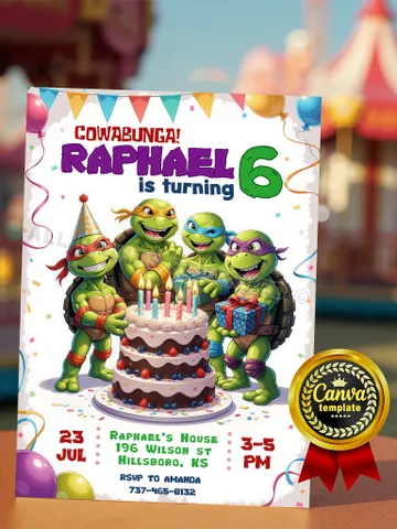 Teenage Mutant Ninja Turtles - Cowabunga Birthday Invitation – Editable Canva Template