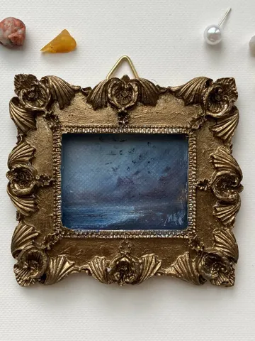 Small Landscape Oil Painting Framed Original Dark Ocean Art Coastal Antique Frame Tiny Paintings 3 x 4 Art Victorian artwork $78.00