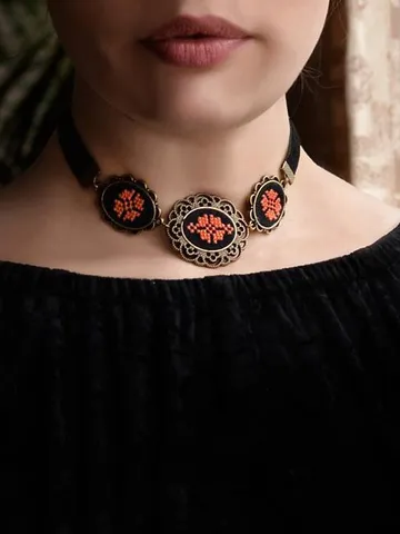 Bridal black orange bib necklace Statement Victorian cameo velvet choker Medeival fall jewelry for bride Ukainian vyshyvanka souvenir