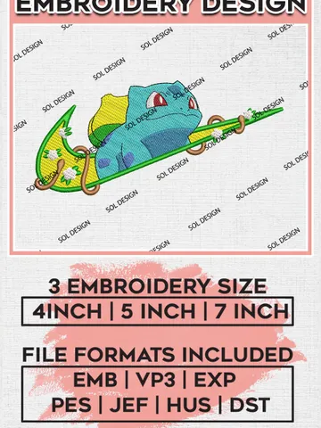 Nike Bulbasaur Embroidery Design File, Pokemon Anime Embroidery Design, Machine Enbroidery Anime, Machine Embroidery Pattern EMB_ANIME_153