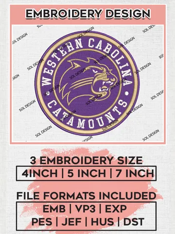 NCAA Western Carolina Catamounts Round Logo Embroidery, NCAA Western Carolina Catamounts Logo Embroidery files, NCAA Teams, Machine embroidery designs, Digital Download