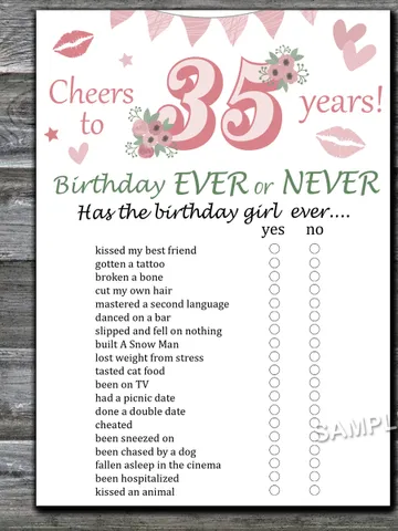 35th Birthday ever or never game,Adult Birthday party game-fun games for her-Instant download $1.50