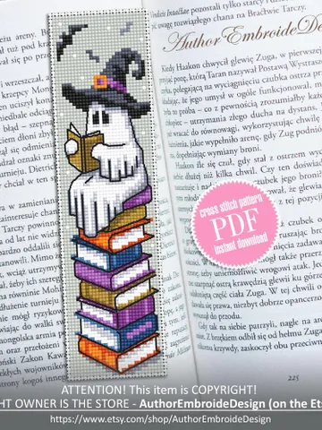 Witch ghost bookmark cross stitch pattern PDF download Reading ghost cross stitch chart, Cute Halloween bookmark pattern digital PDF #B365 $4.40