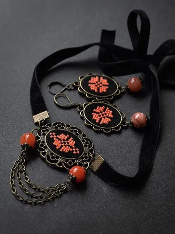 Black orange goth wedding jewelry set Victorian velvet choker necklace with pendant and carnelian earrings Anniversary birthstone gift $100.51