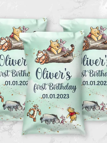 Editable Chips Label Hundred Acre Wood First Birthday party chips label; Winnie the Pooh Party; Classic Pooh Party Birthday ; wp5 $10.45