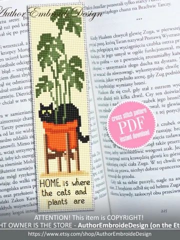 Cat bookmark cross stitch pattern download PDF Black cat cross stitch chart, Bookmark digital pattern PDF, Monstera, Home sweet home #B321 $4.40