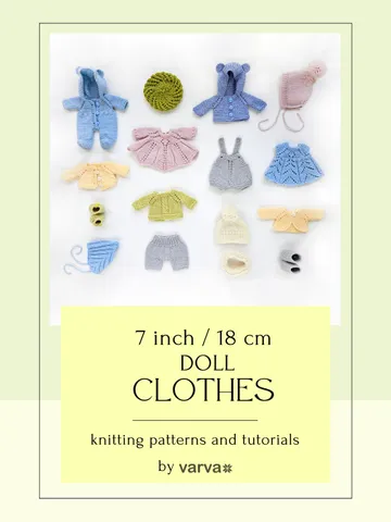 DIY Knitted clothes for a 7 inch (18 cm) Waldorf doll. Bundle of 16 PDF patterns and tutorials.