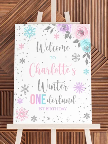 Winter Onederland Welcome Sign, Winter Onederland 1st Birthday Girl Decor, Pink Purple Teal Silver Snowflake Birthday Sign, Editable i098 $9.00