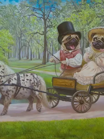 pugs Original oil painting on linen canvas "Walk"🎨🖌️,
oil on canvas, 90x60 cm, 2024 $1,050.00