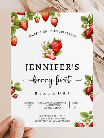Editable Strawberry First Birthday Invitation Template Girl 1st Birthday Party Invite Berry First Birthday Cute Sweet Printable BF001 $7.00